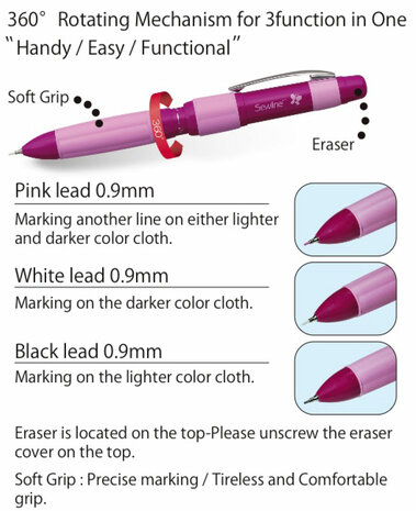 Sewline Trio Pencil (Markeerpen) - White, Black & Pink [FAB50030]
